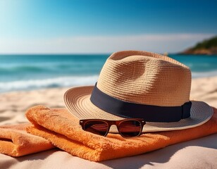 beach towel hat and sunglasses