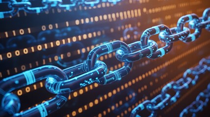 Digital blockchain technology with glowing binary code and interconnected metal chain links
