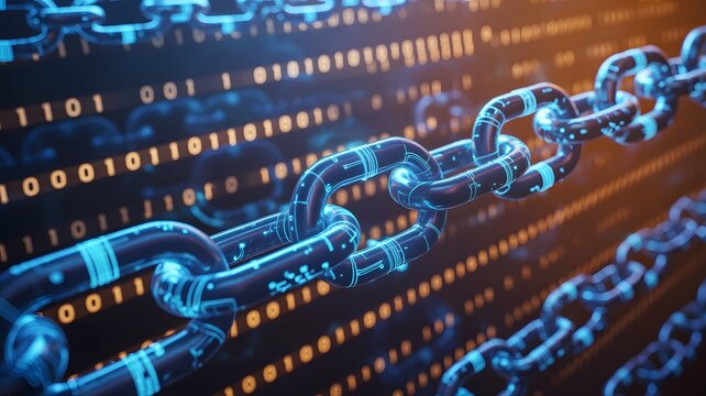 Digital blockchain technology with glowing binary code and interconnected metal chain links
