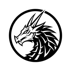 Black vector illustration of a mighty and fierce dragon head inside a circle.