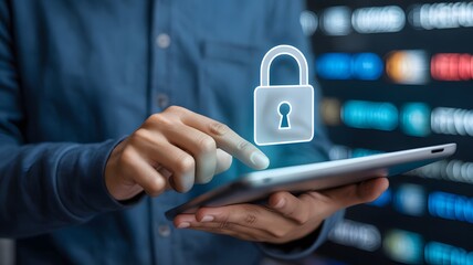 Person using tablet with digital padlock overlay representing cybersecurity and data protection
