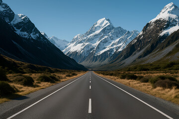 Naklejka premium Endless Road Through Snow-Covered Mountain Pass on a Clear Day with Majestic Peaks