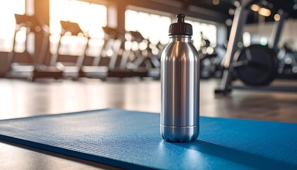 Metal water bottle on blue yoga mat in gym with exercise machines in background