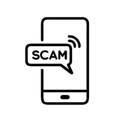 Scam call alert on  smartphone,  icon in black