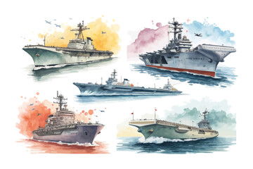 set of watercolor Aircraft Carrier vector illustration isolated on white background © Tanvir Rana