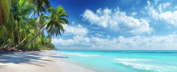 Obraz premium The pristine beach with swaying palm trees and clear blue ocean waves.