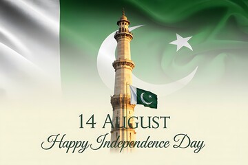Celebrate Pakistan Independence Day August 14th with pride and national spirit, featuring a majestic minaret and waving flag