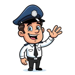 Cartoon police officer waving, friendly and cheerful, in uniform.