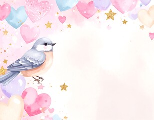 Obraz premium Pastel-toned, whimsical border featuring a bird and hearts