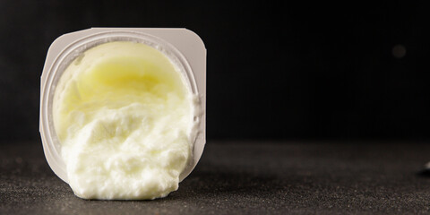 Yogurt natural dairy product Skyr fresh delicious gourmet food background on the table rustic food top view copy space keto and paleo diet vegetarian and vegan food