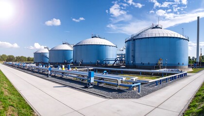 Panorama of industrial storage tanks.  Blue tanks, pipes, and infrastructure under a sunny sky.  Concrete pathways