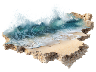 A realistic ocean wave with white foam, against a white background