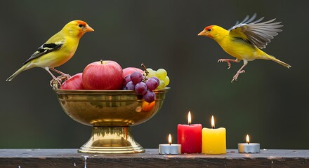 Bird Flying Near Fruit Bowl and Candles on Table