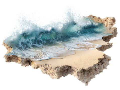 A realistic ocean wave with white foam, against a white background