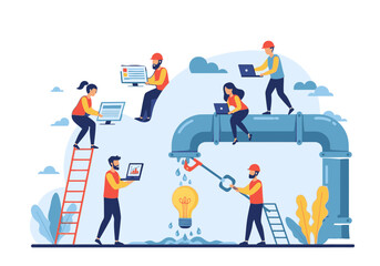 A collaborative team of developers and engineers working together on a large pipeline, fixing leaks and generating new ideas.