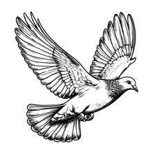 Obraz premium Detailed illustration of a white dove in flight with wings spread wide.