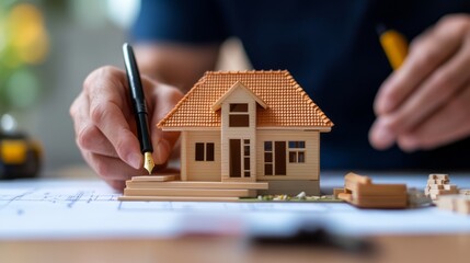 Fototapeta premium Detailed Model House Design with Tools on Blueprint for Architectural Planning