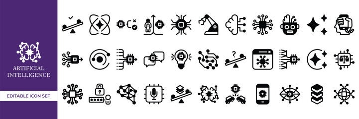 Set of Artificial Intelligence Icons – Digital Technology, Machine Learning, Robot Assistant, Chatbot Support, Data Analysis, Smart Innovation, AI Services, Future Tech, and Information Concept Vector