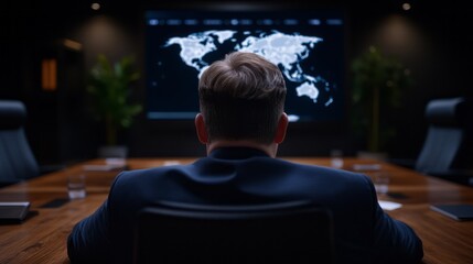 Obraz premium Man in Suit Observing Digital World Map in Modern Conference Room for Business Strategy