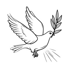 Obraz premium Stylized Line Art Dove Carrying Olive Branch in Flight