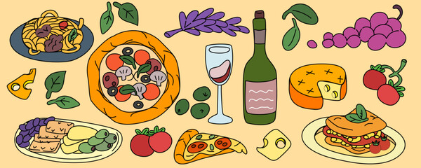 Fancy Amalfi cooking set with pizza, pasta and fruit pattern. Playful, fancy graphics with olives and cocktail. Amalfi Mediterranean cuisine set for menu design. Vector illustration