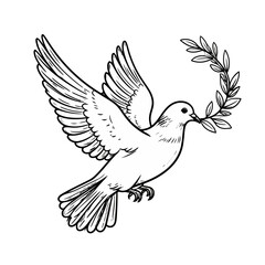 Obraz premium Dove with Olive Branch: Black and White Line Art Illustration of Peace Symbol