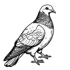 Obraz premium Monochrome line art of a standing pigeon with intricate feather details and a calm expression.