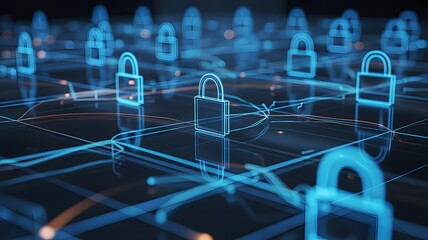 Digital network of glowing blue padlocks representing cybersecurity and data protection