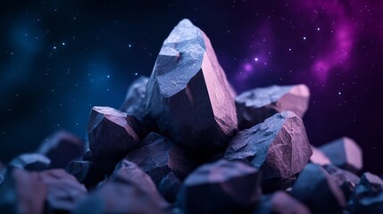 Obraz premium Abstract representation of stones against a night sky with vibrant purple and blue hues