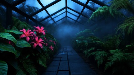 Lush Tropical Garden in Glasshouse with Vibrant Flowers and Mysterious Fog Atmosphere