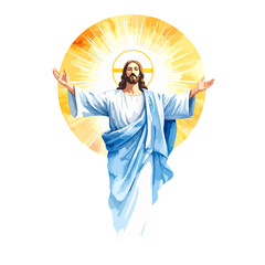 Risen Jesus Christ with open arms, wearing blue and white robes, against a radiant golden halo.