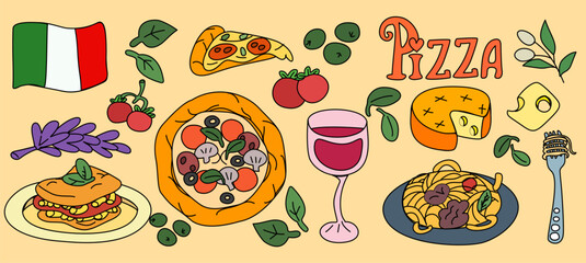 Fancy Amalfi cooking set with pizza, pasta and fruit pattern. Playful, fancy graphics with olives and cocktail. Amalfi Mediterranean cuisine set for menu design. Vector illustration