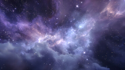 Breathtaking cinematic scene of vast starry night sky with swirling nebulae and distant galaxies illuminated by ethereal purple blue silver hues, creating mystical calming visual loop, ultra-detailed 
