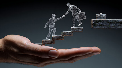 A large realistic fair-skinned human hand holding a dark grey chalkboard with white chalk drawing of two businessmen, one helping the other climb career steps, symbolizing mentorship and support in pr