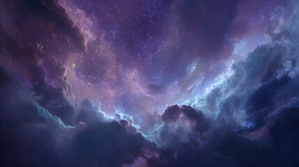 Breathtaking cinematic scene of vast starry night sky with swirling nebulae and distant galaxies illuminated by ethereal purple blue silver hues, creating mystical calming visual loop, ultra-detailed 