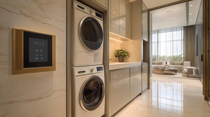 Modern laundry area with stacked washer and dryer, sleek cabinetry, and a digital control panel beside a bright living space with large windows.