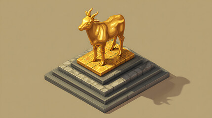 3D isometric golden calf statue standing on stone platform with solid background, shiny metallic animal sculpture in modern minimalist style, worship symbol.
