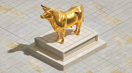3D isometric golden calf statue standing on stone platform with solid background, shiny metallic animal sculpture in modern minimalist style, worship symbol.
