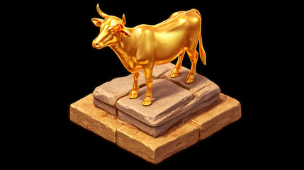 3D isometric golden calf statue standing on stone platform with solid background, shiny metallic animal sculpture in modern minimalist style, worship symbol.