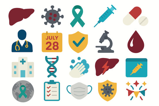 World Hepatitis Day Medical Icons Set for Health Awareness - Powered by Adobe