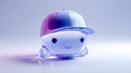 Abstract 3D virtual assistant character with crystal clear texture, round small eyes, and luminous blue-purple-black gradient wearing a baseball cap and holding a skateboard on white background. Techn