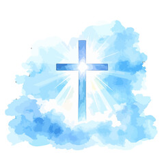 Radiant Blue Christian Cross with Light Rays Amidst Watercolor Clouds