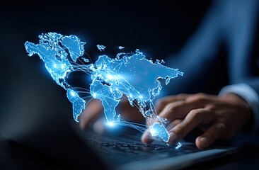 Global digital network projected onto a laptop