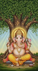 Fototapeta premium Ganesh Ji Traditional Painting with Aura – Vertical Mobile Wallpaper for Ganesh Chaturthi