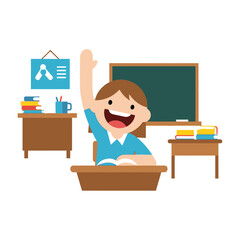 A happy cartoon student raises her hand in a classroom setting with a blackboard and desks.