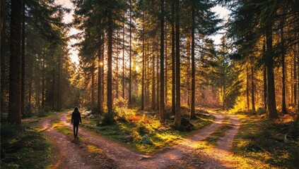 A figure walks a path through a sunlit forest at a fork in the road