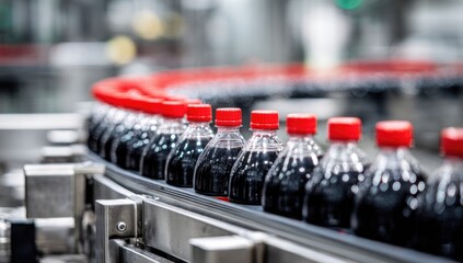 Bottled drinks on a conveyor belt in a factory