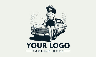 An illustration of a woman in a hat leaning on the hood of a vintage car, with rays emanating from behind.