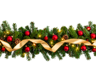 Christmas Garland with Golden Ribbon and Mini Ornaments, Minimalist Style, Straight Layout,
