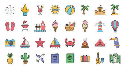 Collection of colorful summer vacation and travel icons and illustrations